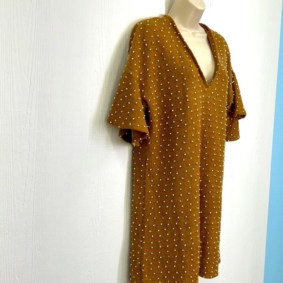 BCBGENERATION- Tan Flared Sleeves White Polka Dot Balls Short Sleeve Dress M - Picture 4 of 12